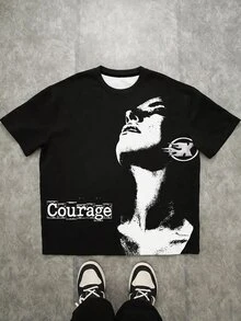 Teen Boy Casual Minimalist Short Sleeve Crew Neck T-Shirt, Classic Handsome Character Silhouette Graphic Print, Classic Streetwear Graphic Print, Suitable For Autumn/Winter, Suitable For Y2K - Multicolor - View 1