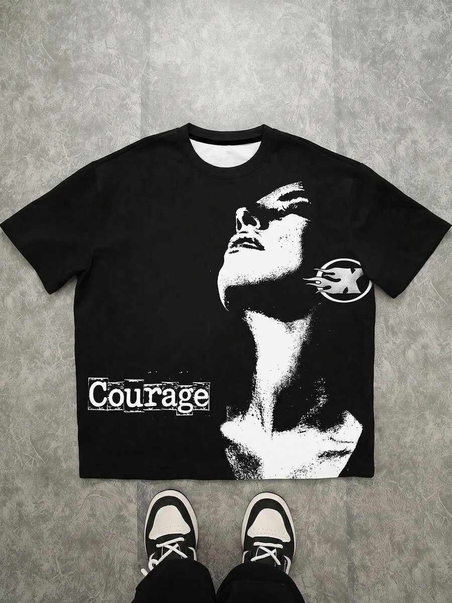 Teen Boy Casual Minimalist Short Sleeve Crew Neck T-Shirt, Classic Handsome Character Silhouette Graphic Print, Classic Streetwear Graphic Print, Suitable For Autumn/Winter, Suitable For Y2K - Multicolor - View 1