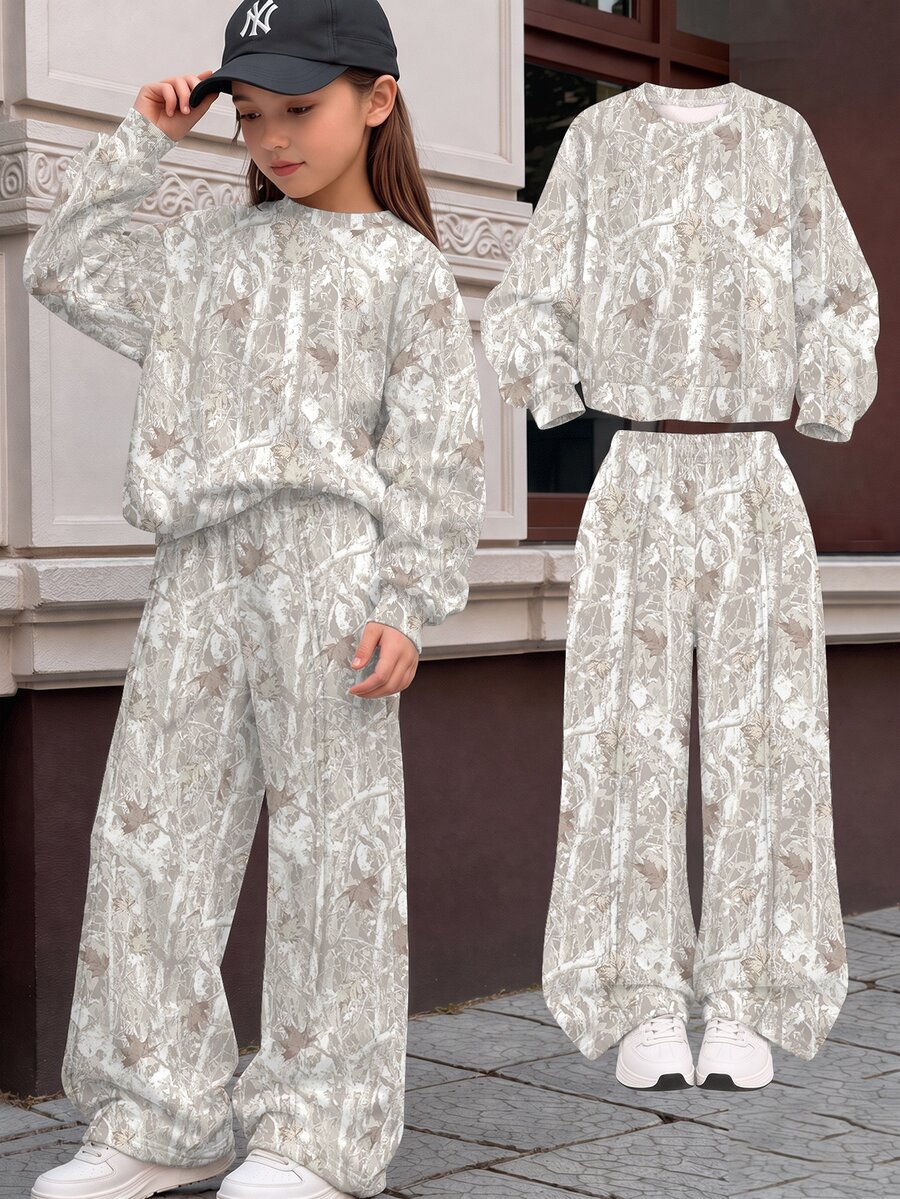 Tween Girls Crew Neck Drop Shoulder Sweatshirt & Straight Leg Pants 2pcs Set, Suitable For Autumn/Winter - Multicolor - View 1
