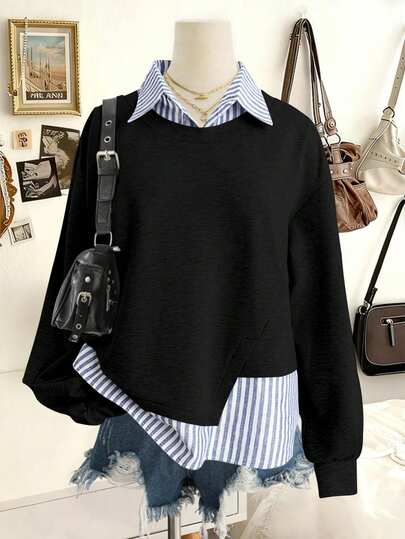 SHEIN Tween Girls Autumn/Winter Casual Retro Preppy Style Striped Asymmetrical Patchwork 2 In 1 Pullover Sweatshirt, Young Fashion Outfit, Suitable For Back To School, Autumn/Winter Outings, Daily Wear