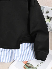 SHEIN 青少年女孩秋冬休閒復古學院風條紋不對稱拼接 2 合 1 套頭運動衫，時尚穿搭，適合返校、秋冬出遊、日常穿著 - 黑色 - 查看 5