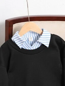 SHEIN 青少年女孩秋冬休閒復古學院風條紋不對稱拼接 2 合 1 套頭運動衫，時尚穿搭，適合返校、秋冬出遊、日常穿著 - 黑色 - 查看 6