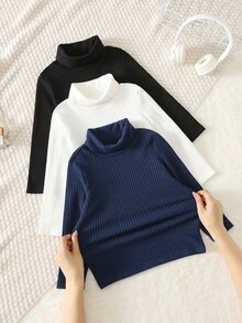 SHEIN Kids 3PCS Young Boys Autumn/Winter Casual Solid Color High Neck T-Shirts - Multicolor - View 3