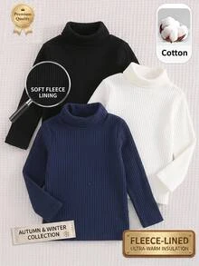 SHEIN Kids 3PCS Young Boys Autumn/Winter Casual Solid Color High Neck T-Shirts - Multicolor - View 4