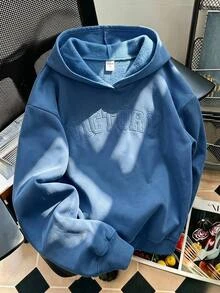 SHEIN 青少年女孩秋冬保暖內裡極簡時尚3D壓紋連帽長袖衛衣，適合返校日常穿著 - 霧霾藍 - 查看 1