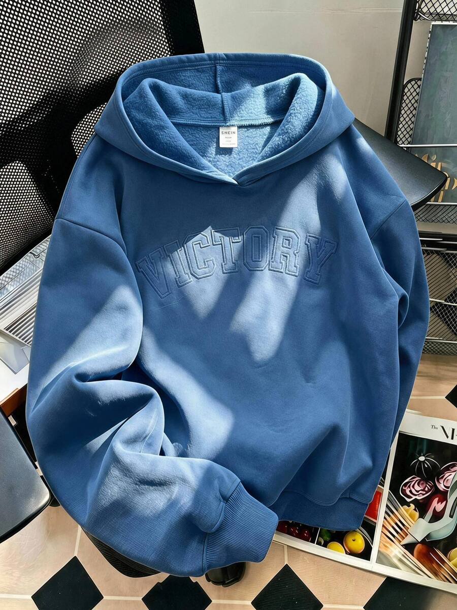 SHEIN 青少年女孩秋冬保暖內裡極簡時尚3D壓紋連帽長袖衛衣,適合返校日常穿著 - 霧霾藍 - 查看 1