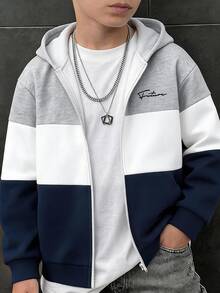 SHEIN 青少年男孩休閒拼色連帽開襟衫，手寫字母印花，適合返校或外出穿著 - 彩色 - 查看 3