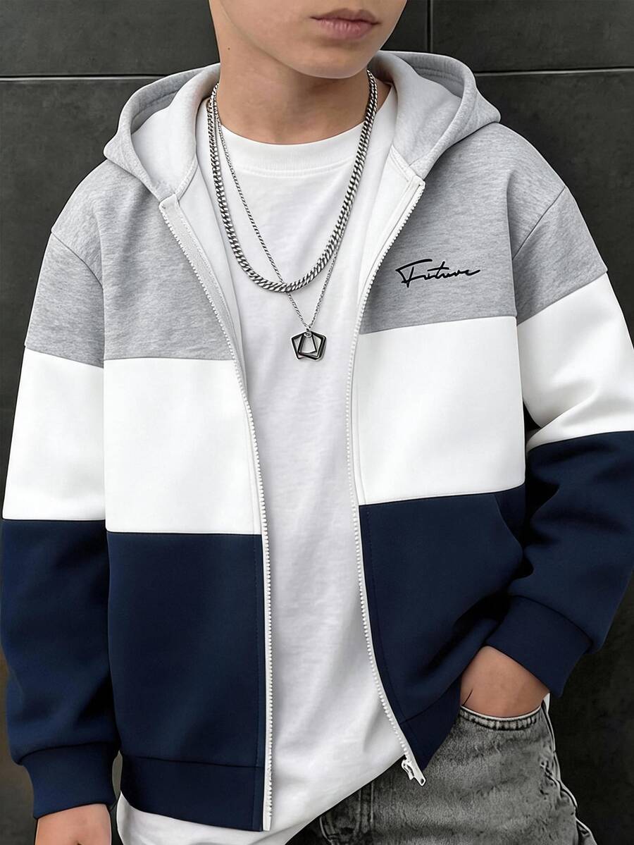 SHEIN 青少年男孩休閒拼色連帽秋季開襟衫，手寫字母印花，適合返校或外出穿著