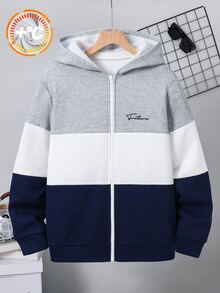 SHEIN 青少年男孩休閒拼色連帽開襟衫，手寫字母印花，適合返校或外出穿著 - 彩色 - 查看 4