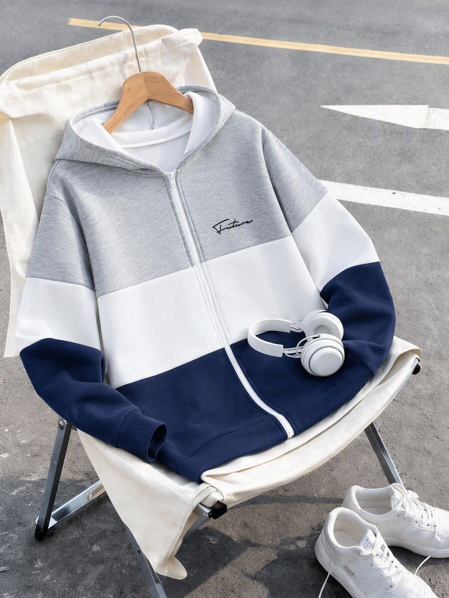 SHEIN 青少年男孩休閒拼色連帽開襟衫，手寫字母印花，適合返校或外出穿著
