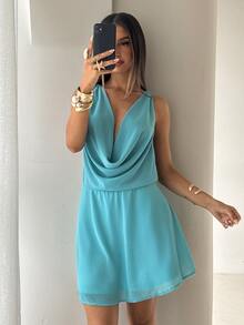 Aloruh Women's Summer Vacation Cowl Neck Mini Dress With Beaded Back Decor Beach Party Teal Blue Boho Tropical Sexy - Green - View 6
