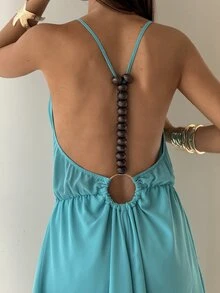 Aloruh Women's Summer Vacation Cowl Neck Mini Dress With Beaded Back Decor Beach Party Teal Blue Boho Tropical Sexy - Green - View 3