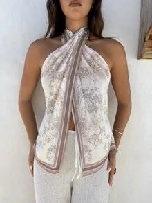 Aloruh Women's Spring/Summer Vacation Printed Scarf Bohemian Style Sexy Vest Golf White - Khaki - View 3