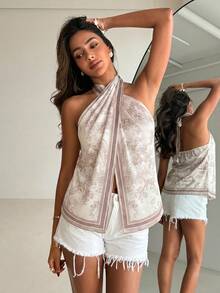 Aloruh Women's Spring/Summer Vacation Printed Scarf Bohemian Style Sexy Vest Golf White - Khaki - View 6