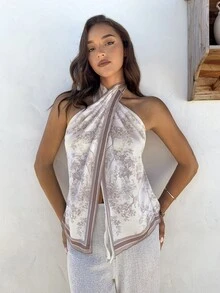 Aloruh Women's Spring/Summer Vacation Printed Scarf Bohemian Style Sexy Vest Golf White - Khaki - View 1