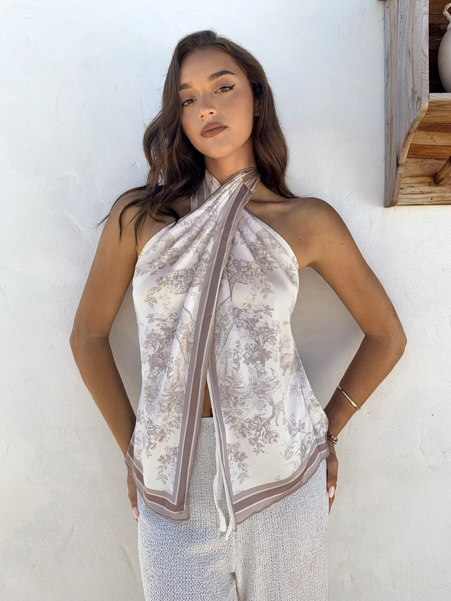 Aloruh Women's Spring/Summer Vacation Printed Scarf Bohemian Style Sexy Vest Golf White - Khaki - View 1
