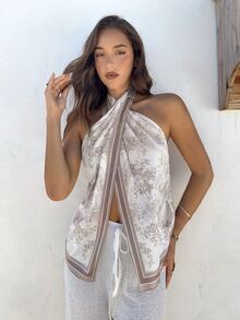 Aloruh Women's Spring/Summer Vacation Printed Scarf Bohemian Style Sexy Vest Golf White - Khaki - View 4