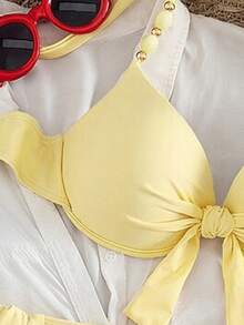 SHEIN Swim 女士夏季沙滩纯色串珠吊带性感比基尼和三角泳裤套装 - 黃色 - 查看 4