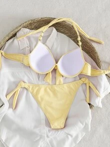SHEIN Swim 女士夏季沙滩纯色串珠吊带性感比基尼和三角泳裤套装 - 黃色 - 查看 6