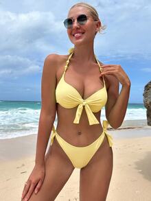 SHEIN Swim 女士夏季沙滩纯色串珠吊带性感比基尼和三角泳裤套装 - 黃色 - 查看 3