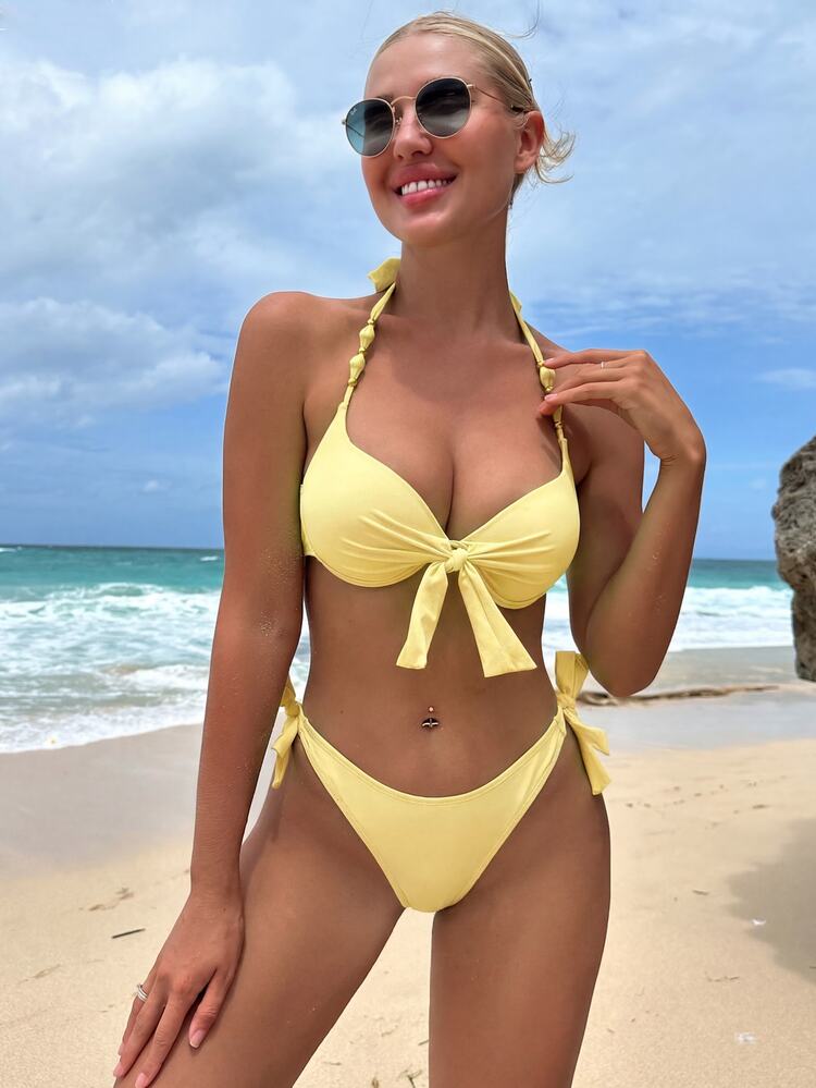 Swim Vcay Women's Summer Beach Solid Color Beaded Halter Tie Sexy Bikini And Triangle Panty Swimwear Set - Yellow - View 3
