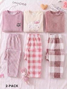SHEIN 青少年女孩寬鬆休閒極簡舒適圓領長袖抓絨上衣格紋長褲家居服 - 淡紫色 - 查看 1