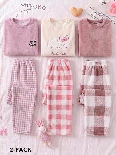 SHEIN Tween Girlkids Loose Casual Minimalist Comfortable Round Neck Long Sleeve Fleece Top Plaid Long Pants Loungewear