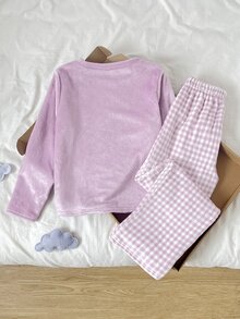 SHEIN 青少年女孩寬鬆休閒極簡舒適圓領長袖抓絨上衣格紋長褲家居服 - 淡紫色 - 查看 5