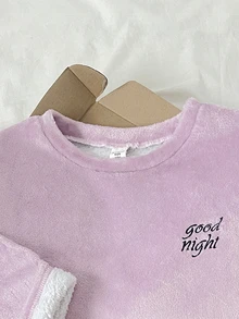 SHEIN 青少年女孩寬鬆休閒極簡舒適圓領長袖抓絨上衣格紋長褲家居服 - 淡紫色 - 查看 2