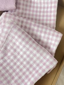 SHEIN 青少年女孩寬鬆休閒極簡舒適圓領長袖抓絨上衣格紋長褲家居服 - 淡紫色 - 查看 3