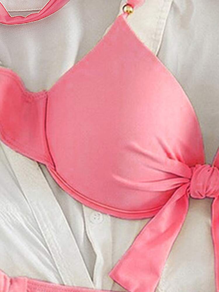 Swim Vcay Women's Summer Beach Solid Color Halter Tie Sexy Bikini And Triangle Panty Swimwear Set - Pink - View 4