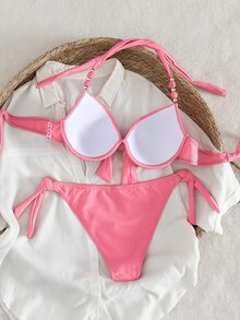 Swim Vcay 女士夏季沙滩纯色吊带系带性感比基尼和三角泳裤套装 - 粉色 - 查看 8