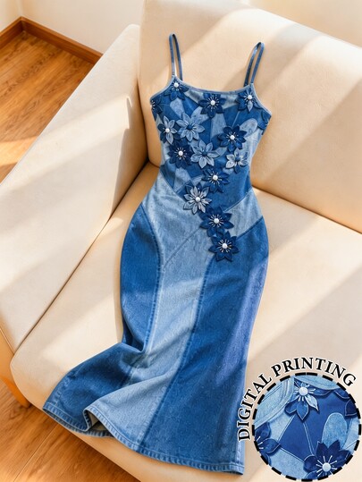 Resyla New Arrival, Best Seller: Special Print Fabric, Regular Fit, Women's Spaghetti Strap Slim Fit Maxi Dress