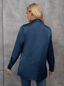 SHEIN Solid Button Front Satin Shirt Fall Cloth For Women - Navy Blue - View 2
