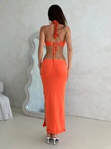 Aloruh Women's Sexy Backless Tie-Front Neon White Shell Decor Crop Top And Low-Waist Skirt 2 Pieces Set, Suitable For Beach Golf Vacation Summer - Orange - View 5