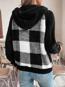 SHEIN 女士连帽格子抓绒拉链外套，休闲装 - 黑色 - 查看 2