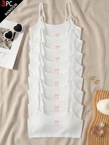 SHEIN Atasan Tank Top Leher Persegi Kasual Sederhana untuk Remaja Perempuan dengan Bantalan Cup, Bra Bergaris Bordir Motif Pita yang Nyaman dan Ramah Kulit, Set 3 Potong Warna Putih, Cocok untuk Semua Musim - Putih - View 5