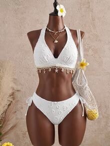 Swim Lushoire Swim Mod 新款女士优雅波西米亚风两件套黄色纹理花卉三角比基尼套装，Y2K辣妹复古可爱甜美海岸时尚90/2000年代海滩航海风——两件式泳衣，露背吊带上衣，纹理花卉压花面料，贝壳和海星装饰，侧系带性感泳裤——展现女性优美身形，适合夏季度假、泳池派对和音乐节。 - 白色 - 查看 5