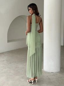 Aloruh 女士深V领褶皱网纱连衣裙 - 綠色 - 查看 4