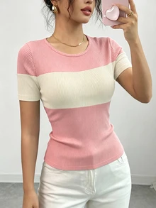 Elenzga 女士圆领撞色休闲百搭日常短袖T恤 - 粉色 - 查看 3