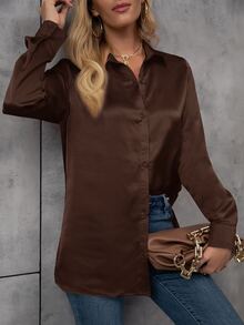 SHEIN Women Casual Minimalist Front Button Up Shirt, Commuting Style, Autumn Fall Cloth For Women - Coffee Brown - View 6