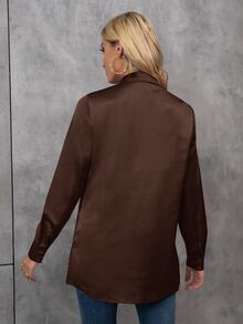 SHEIN Women Casual Minimalist Front Button Up Shirt, Commuting Style, Autumn Fall Cloth For Women - Coffee Brown - View 2