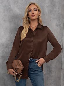 SHEIN Women Casual Minimalist Front Button Up Shirt, Commuting Style, Autumn Fall Cloth For Women - Coffee Brown - View 5