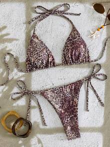 SHEIN Swim 两件套性感豹纹碎花比基尼套装，吊带三角上衣搭配低腰泳裤，尽显春日海滩、泳池派对、假日的时尚魅力。 - 棕色 - 查看 6