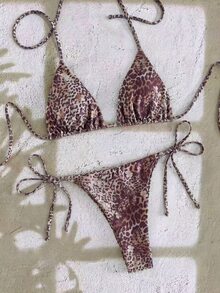 SHEIN Swim 两件套性感豹纹碎花比基尼套装，吊带三角上衣搭配低腰泳裤，尽显春日海滩、泳池派对、假日的时尚魅力。 - 棕色 - 查看 7