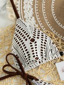 SHEIN Swim Swim Vcay 新款奢华优雅两件套白色钩编蕾丝和焦糖/棕色三角比基尼，女士款，挂脖式泳衣上装饰有木珠，性感高衩丁字裤泳装，适合夏季海滩泳池度假，复古Y2K辣妹风泳装，音乐节、热带海岸早午餐、海岛度假及摩登氛围。 - 棕色 - 查看 7