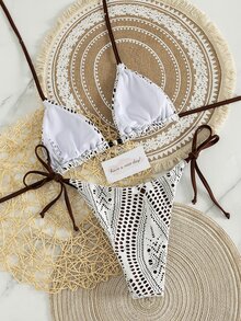 SHEIN Swim Swim Vcay 新款奢华优雅两件套白色钩编蕾丝和焦糖/棕色三角比基尼，女士款，挂脖式泳衣上装饰有木珠，性感高衩丁字裤泳装，适合夏季海滩泳池度假，复古Y2K辣妹风泳装，音乐节、热带海岸早午餐、海岛度假及摩登氛围。 - 棕色 - 查看 5