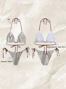 SHEIN Swim Swim Vcay 新款奢华优雅两件套白色钩编蕾丝和焦糖/棕色三角比基尼，女士款，挂脖式泳衣上装饰有木珠，性感高衩丁字裤泳装，适合夏季海滩泳池度假，复古Y2K辣妹风泳装，音乐节、热带海岸早午餐、海岛度假及摩登氛围。 - 棕色 - 查看 3