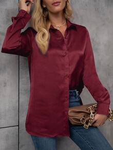 SHEIN 休闲纯色长袖衬衫，春秋百搭 - 酒紅色 - 查看 3