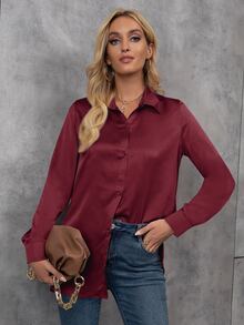 SHEIN 休闲纯色长袖衬衫，春秋百搭 - 酒紅色 - 查看 4